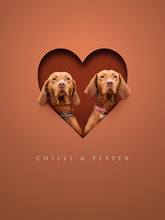 Load image into Gallery viewer, Unusual dog portrait of two vizslas appearing to sit inside a paper cutout heart shape giving a modern 3d effect