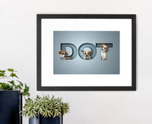 Load image into Gallery viewer, Modern, stylish dog and cat pet picture of a dog sitting in each letter of its name. The paper cut out style creates an illusion of 3D. The luxury print is framed in a black wooden picture frame on a white wall.