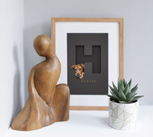 Load image into Gallery viewer, oak style pet picture frame with cute dog looking out of the initial letter of his name