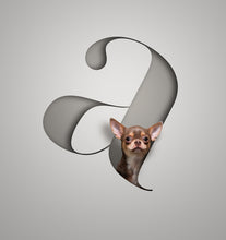 Load image into Gallery viewer, Elegant dog picture of a chihuahua looking out of a 3d-effect serif typeface letter set at an angle. Paper cutout style creates an illusion of the pet actually sitting inside the letter