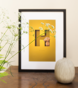 bright yellow cutout letter design with a dog sitting within the H and in a black frame that has been photographed through a vase of  summer flowers