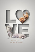 Load image into Gallery viewer, modern style dog picture with cute dogs appearing to sit inside cutout letters of the word LOVE creating a stunning 3D effect