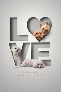 modern style dog picture with cute dogs appearing to sit inside cutout letters of the word LOVE creating a stunning 3D effect