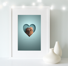 Load image into Gallery viewer, White, wooden framed picture of 2 shaggy cockapoo dogs in a cut out heart shape and their names written underneath
