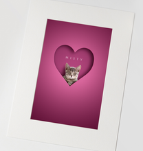 Load image into Gallery viewer, unique cat portrait on a bright pink background of grey tabby cat digitally added to 3D cut out effect heart shape with name in elegant font above