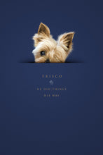 Load image into Gallery viewer, yorkshire terrier dog with one eye looking sad and his name and a eulogy underneath