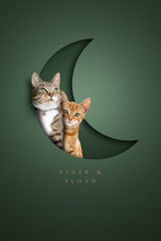 Load image into Gallery viewer, Cute pair of cats sit in a realistic paper cutout crescent moon shape design. A modern and unique pet portrait on a dark green backgorund and their names in an elegant typeface underneath