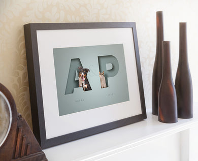 black framed personalised picture standing on a mantlepiece of a dog and a cat each sitting in the initial letter of their name in a 3D look