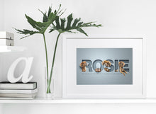 Load image into Gallery viewer, 4 photos of cute dog sitting inside the letters of her name in a white wood frame on shelf