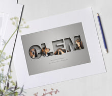 Load image into Gallery viewer, unique and modern pet picture with a dog in different poses sitting in each letter of its name. Stunning 3d-effect is created by the paper cut out design.