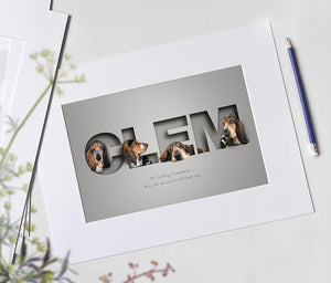 unique and modern pet picture with a dog in different poses sitting in each letter of its name. Stunning 3d-effect is created by the paper cut out design.