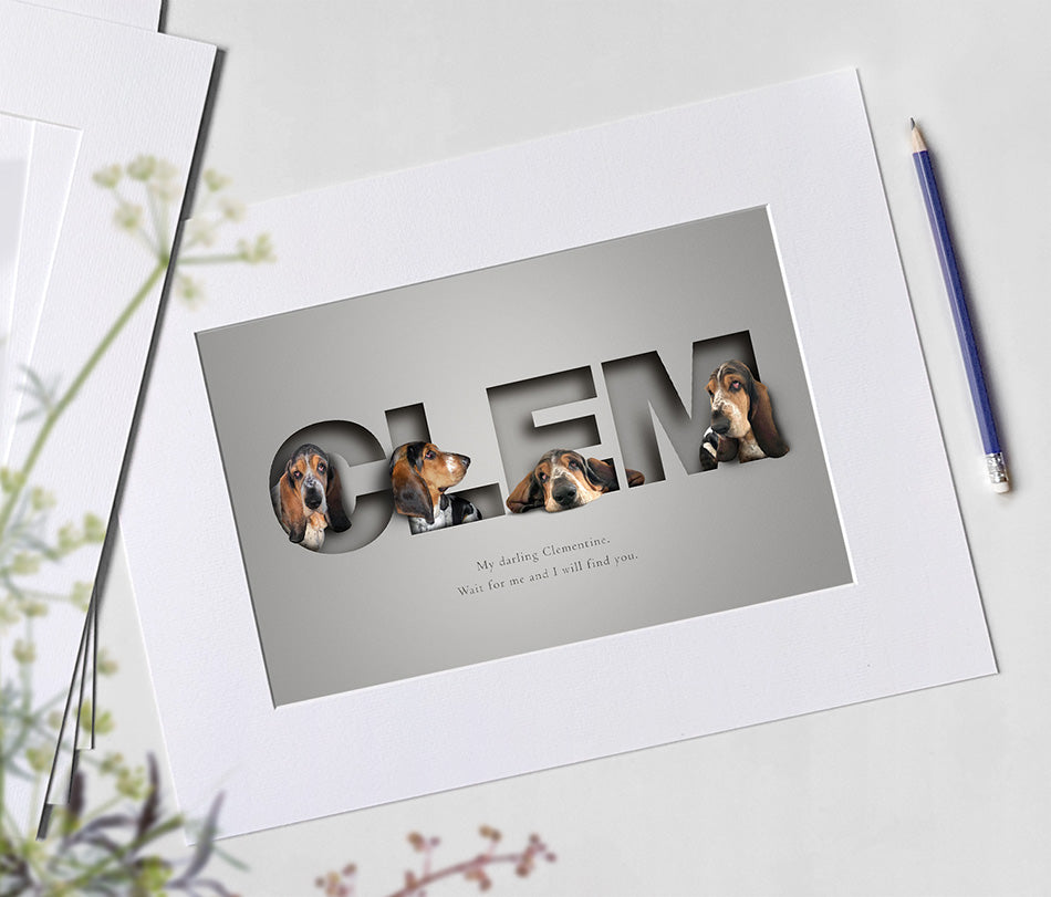 unique and modern pet picture with a dog in different poses sitting in each letter of its name. Stunning 3d-effect is created by the paper cut out design.