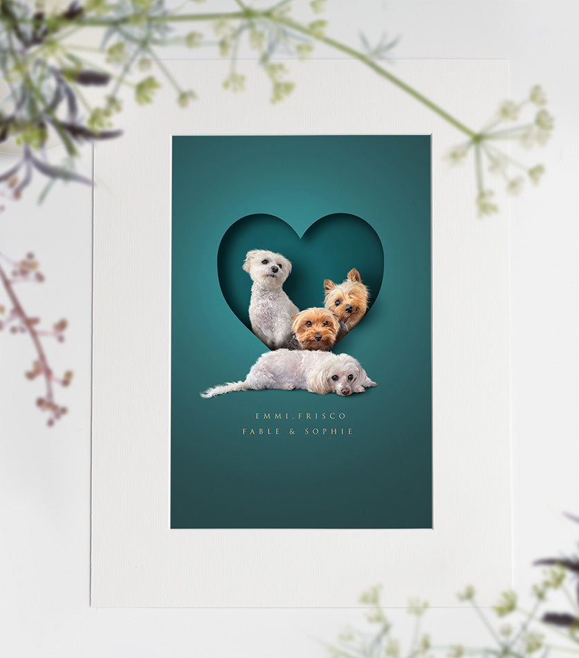 Modern and unique pet picture with dogs sitting in a heart shape cutout creating a stylish 3d effect