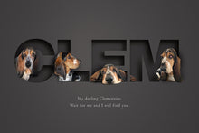 Load image into Gallery viewer, Modern pet memento picture with a dog in different poses sitting in each letter of its name. Stunning 3d-effect is created by the paper cut out design.
