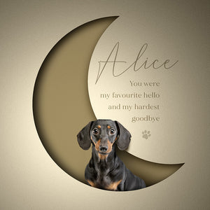 Unusual dog portrait. Close up of dachshund appearing to sit inside a crescent moon paper cutout. Gives a realistic 3d effect. Elegant type with a memorial message and cute paw print
