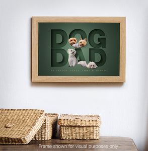 Dog Dad pet picture hanging on a wall with a unique 3D-effect cutout look and cute dogs sitting inside the letters