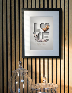 cute dog picture hanging on a trendy wall with 4 rescue dogs sitting inside a 3D-effect paper cutout of the word LOVE