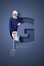 Load image into Gallery viewer, Unusual portrait of a grandfather standing inside a letter G with a 3D-effect on a royal blue background