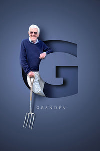 Unusual portrait of a grandfather standing inside a letter G with a 3D-effect on a royal blue background