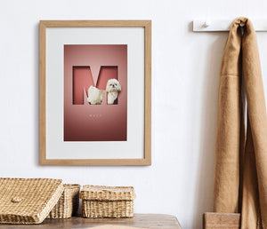 oak look picture frame with cute dog portrait in the initial letter of their name