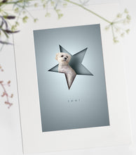 Load image into Gallery viewer, Unique dog picture in an off-white mount. The star shape cutout design gives the illusion that the white dog is sitting inside the cutout giving a real 3D look