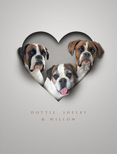 Three Pets in Single Heart Framed