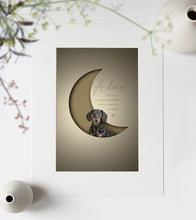 Load image into Gallery viewer, stylish, modern 3D-effect pet picture of a dachshund posed inside a crescent moon shape with a paper cutout look giving an unusual 3d effect.