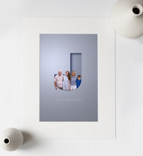 Load image into Gallery viewer, Unusual graphic design of family portrait photo added to a cut out letter effect that gives a 3D look and family name in an elegant typeface written underneath