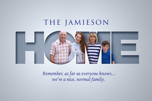 Unusual family portrait in a 3D-effect cutout letter style