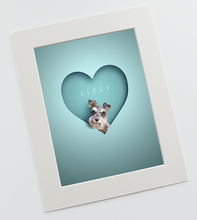 Load image into Gallery viewer, Modern, 3D-effect pet picture of a schnauzer dog head looking out of a bright blue, paper cut out effect heart shape