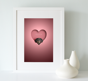 black and tan dachshund dog looking out of a heart shape cut out on a pink background and framed in a white wooden picture rame