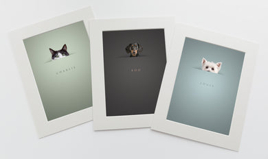 Modern and unique pet pictures - 3 pictures in white photo mounts of cats and dogs peeking above a horizon line and their names are written below in a serif font
