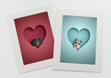 Load image into Gallery viewer, two brightly coloured heart pictures in red and sky blue with cute dachshund and schnauzer dogs sitting inside the heart shape in a 3D effect