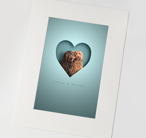 Modern pet picture of two cockapoos sitting in a cutout style heart shape creating an unusual 3d look. Aqua blue background colour and in an off white textured mount.
