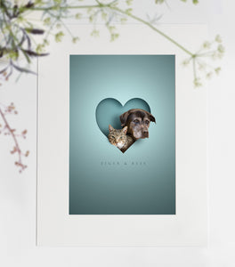 Two Pets/People in Heart Print Mount Only or Framed (from two photos)