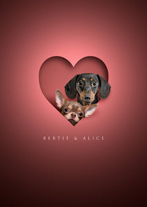 Two Pets/People in Heart Print Mount Only or Framed (from two photos)